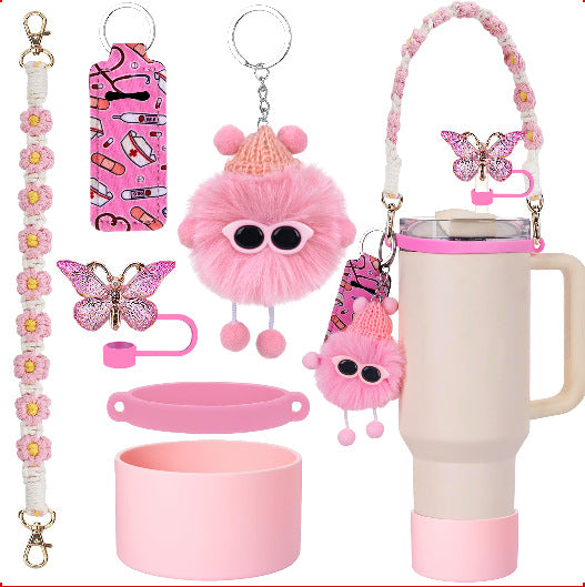 Wholesale Plush pendant butterfly straw hat cup sleeve cup chain accessories